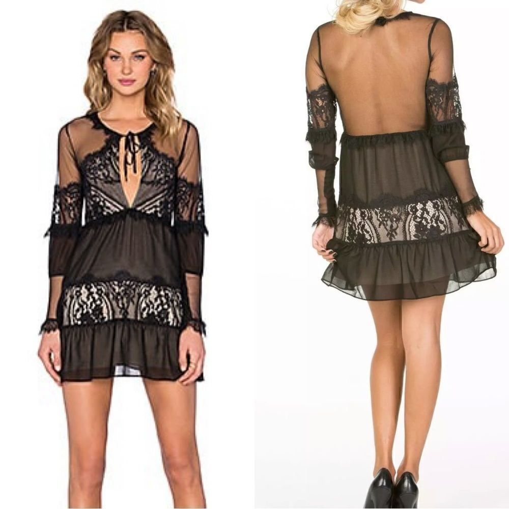For Love and Lemons Alexa Mini Black Dress Sheer Lace Size M